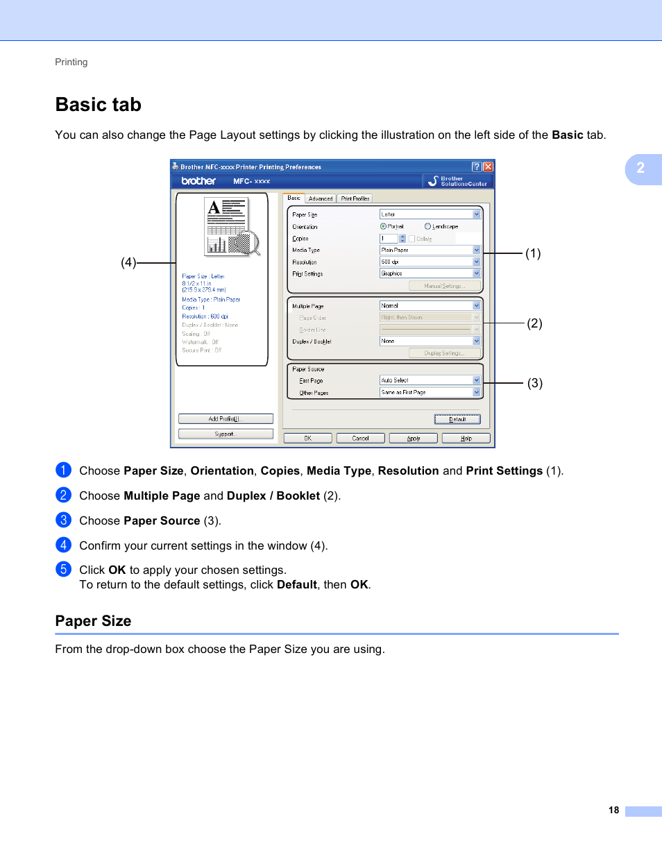 Basic tab, Paper size | Brother DCP-8155DN User Manual | Page 26 / 271