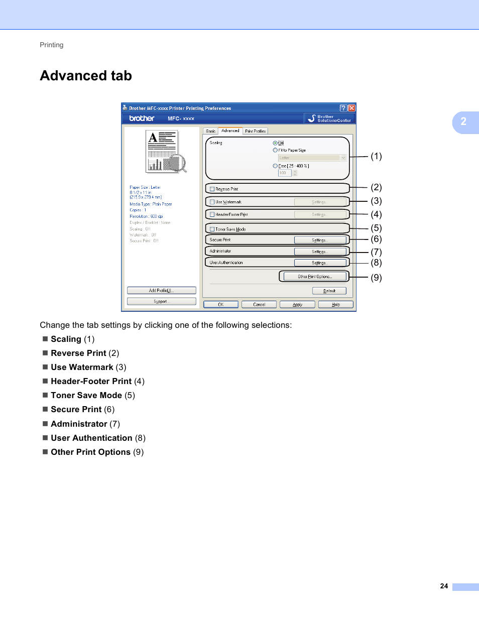 Advanced tab | Brother DCP-8155DN User Manual | Page 32 / 271