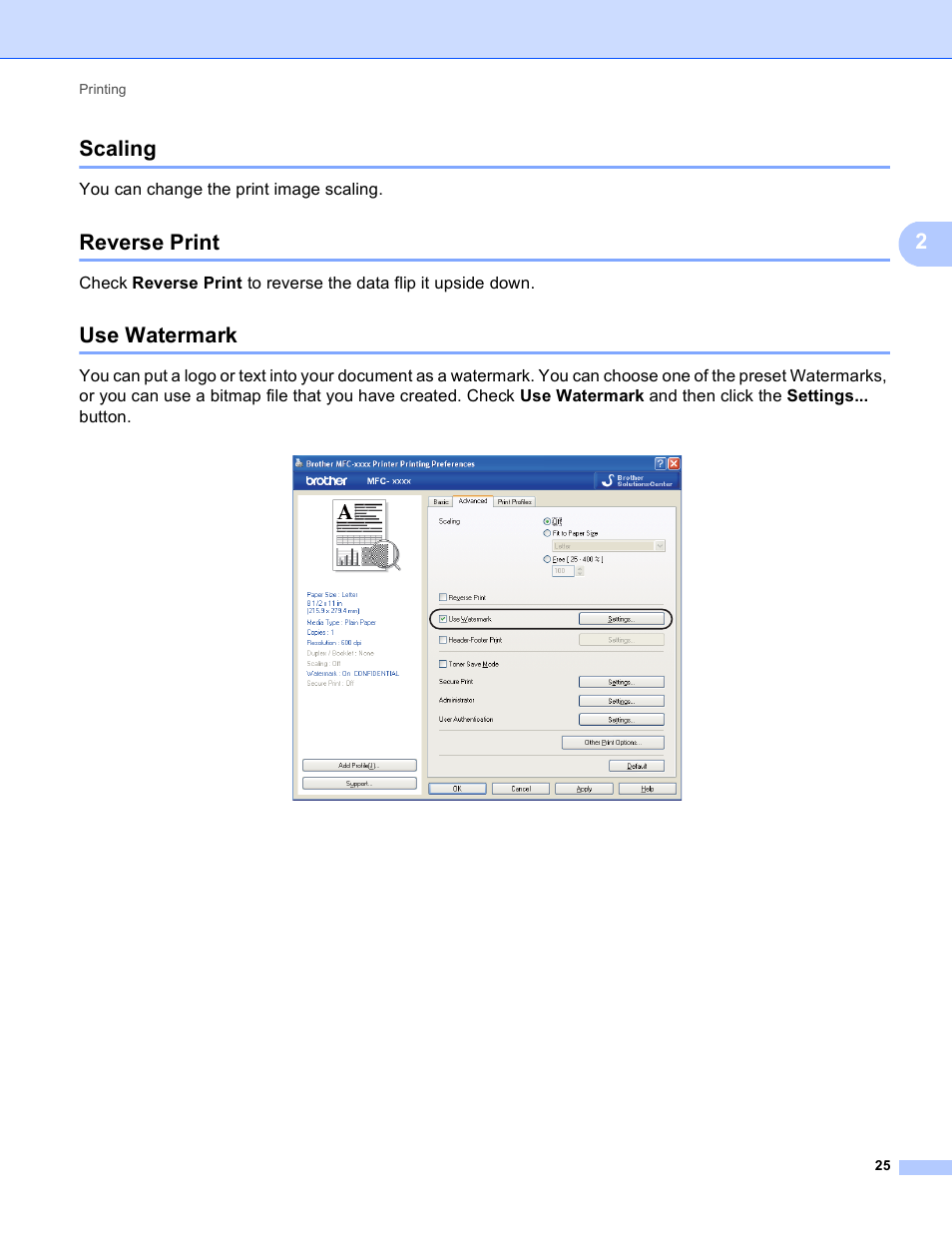Scaling, Reverse print, Use watermark | Scaling reverse print use watermark, 2scaling | Brother DCP-8155DN User Manual | Page 33 / 271