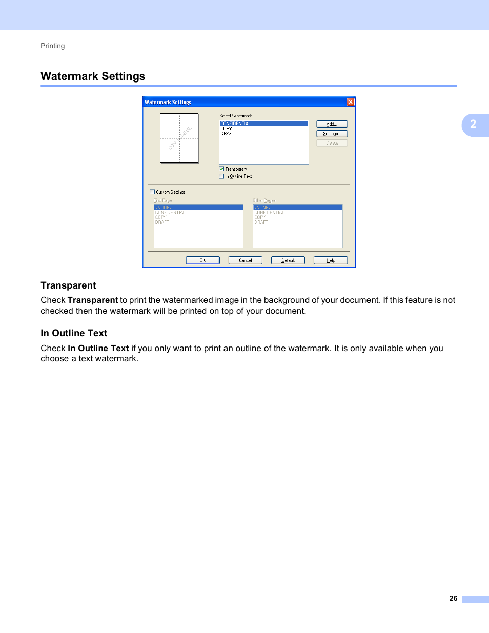 Watermark settings, Transparent, In outline text | 2watermark settings | Brother DCP-8155DN User Manual | Page 34 / 271