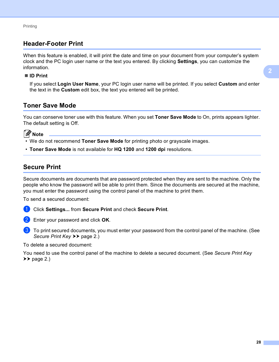 Header-footer print, Toner save mode, Secure print | Header-footer print toner save mode secure print, 2header-footer print | Brother DCP-8155DN User Manual | Page 36 / 271