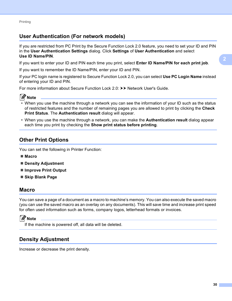 User authentication (for network models), Other print options, Macro | Density adjustment, 2user authentication (for network models) | Brother DCP-8155DN User Manual | Page 38 / 271