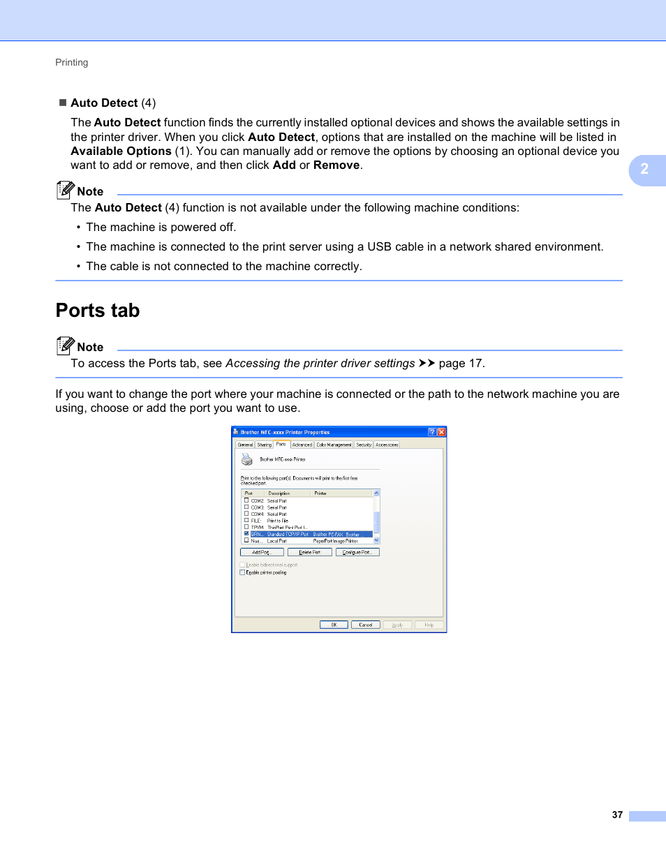 Ports tab | Brother DCP-8155DN User Manual | Page 45 / 271