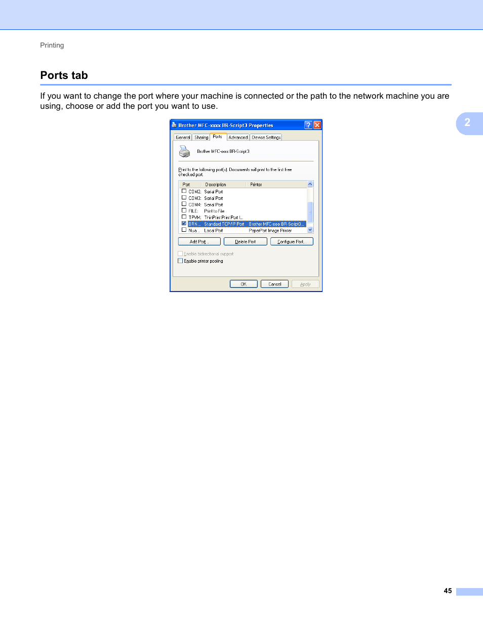 Ports tab, 2ports tab | Brother DCP-8155DN User Manual | Page 53 / 271