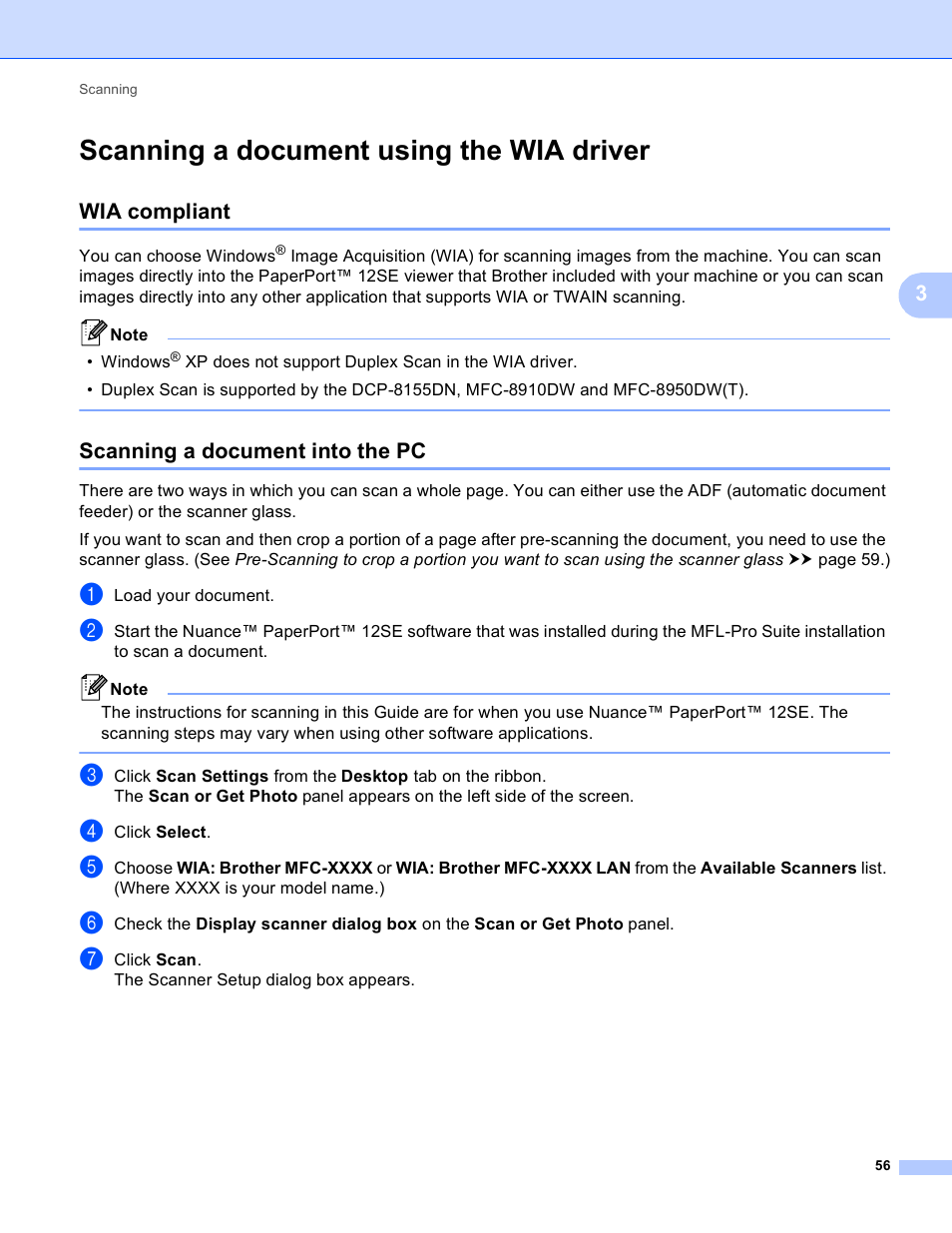 Scanning a document using the wia driver, Wia compliant, Scanning a document into the pc | Wia compliant scanning a document into the pc, Scanning a document | Brother DCP-8155DN User Manual | Page 64 / 271