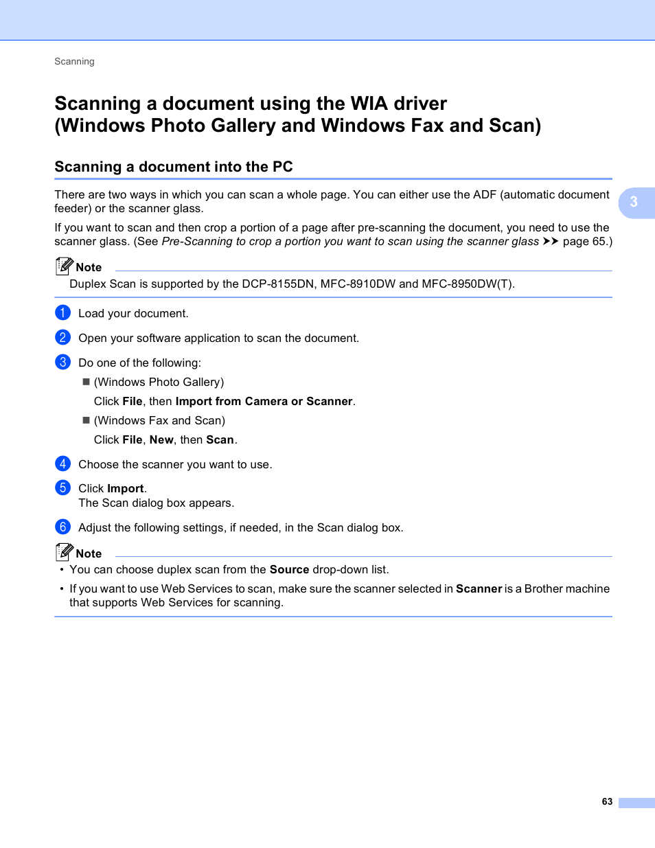 Scanning a document into the pc, Scanning a document using the wia driver, Windows photo gallery and windows fax and scan) | Brother DCP-8155DN User Manual | Page 71 / 271