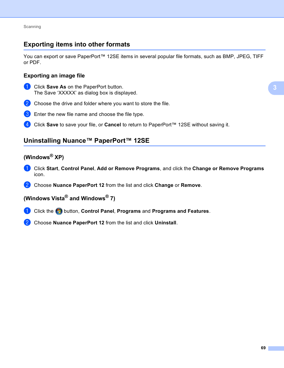 Exporting items into other formats, Exporting an image file, Uninstalling nuance™ paperport™ 12se | Windows® xp), Windows vista® and windows® 7), 3exporting items into other formats | Brother DCP-8155DN User Manual | Page 77 / 271