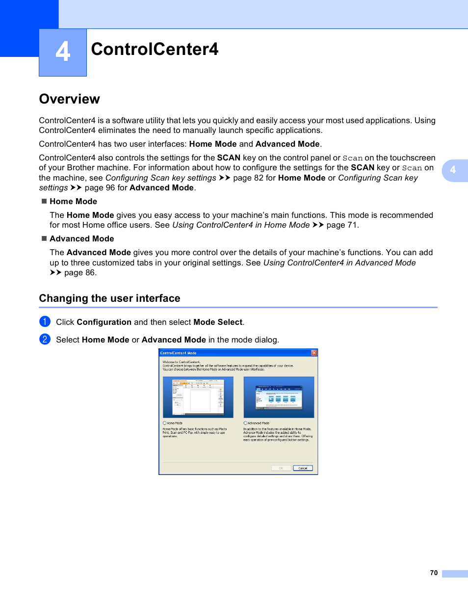 4 controlcenter4, Overview, Changing the user interface | Controlcenter4 | Brother DCP-8155DN User Manual | Page 78 / 271