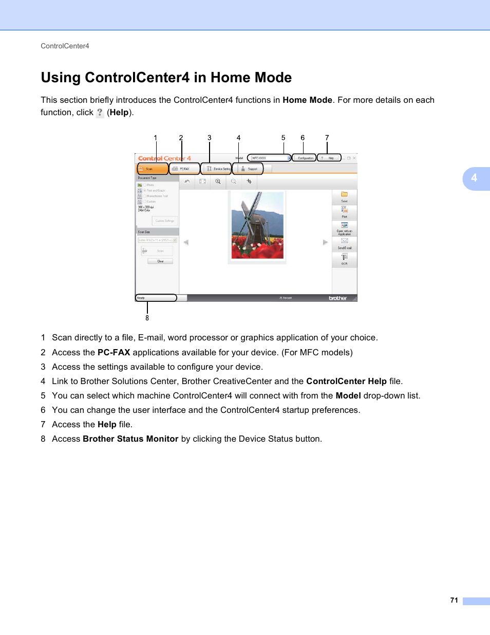 Using controlcenter4 in home mode | Brother DCP-8155DN User Manual | Page 79 / 271