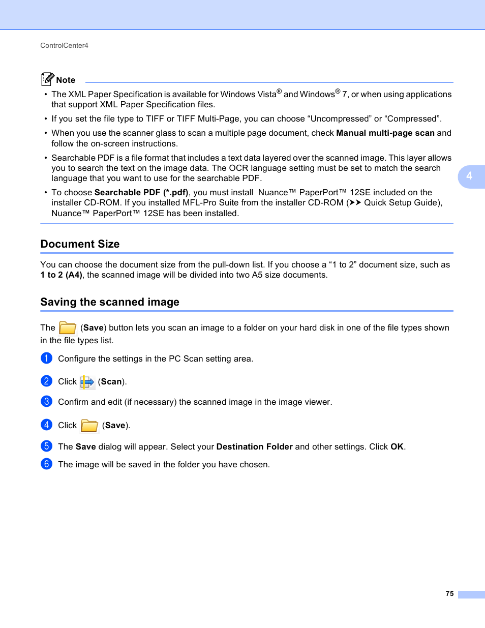 Document size, Saving the scanned image, Document size saving the scanned image | Brother DCP-8155DN User Manual | Page 83 / 271