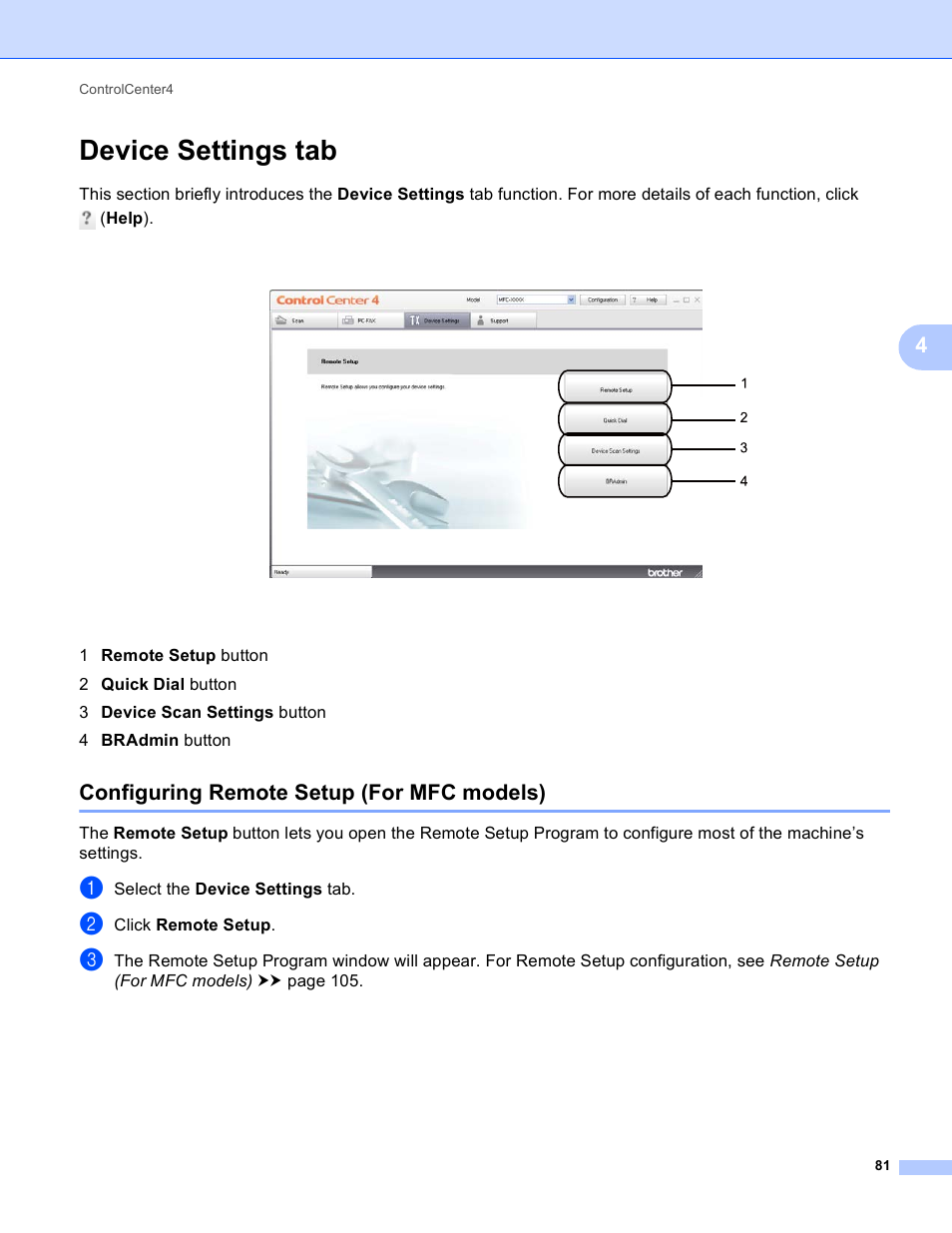 Device settings tab, Configuring remote setup (for mfc models) | Brother DCP-8155DN User Manual | Page 89 / 271