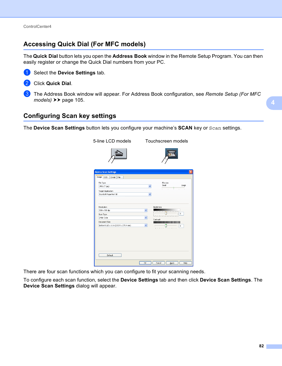Accessing quick dial (for mfc models), Configuring scan key settings, 4accessing quick dial (for mfc models) | Brother DCP-8155DN User Manual | Page 90 / 271