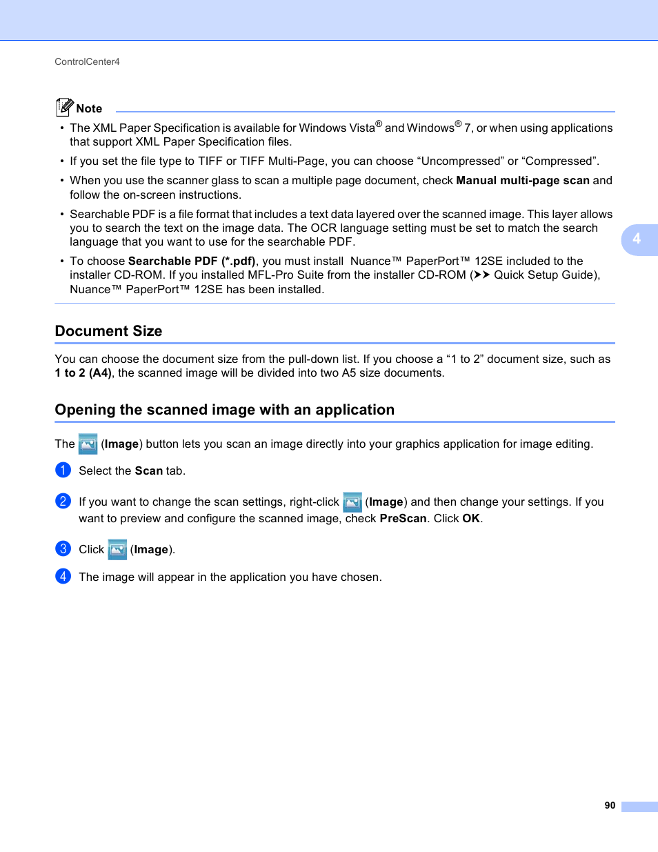 Document size, Opening the scanned image with an application | Brother DCP-8155DN User Manual | Page 98 / 271