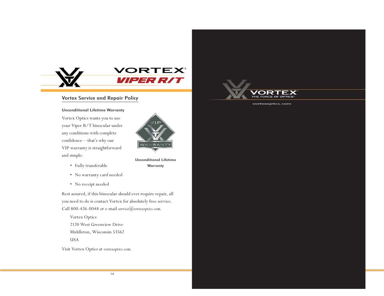 Vortex Optics VIPER R/T 8X28 TACTICAL BINOCULAR User Manual | Page 8 / 8