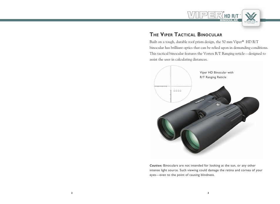 Hd r/t | Vortex Optics VIPER HD 10X50 R/T TACTICAL ROOF PRISM BINOCULAR — R/T Ranging Reticle User Manual | Page 2 / 9