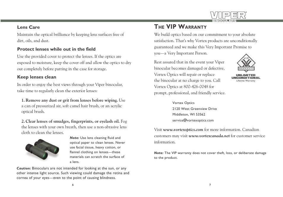 Vip w | Vortex Optics VIPER 10X28 BINOCULAR User Manual | Page 4 / 5