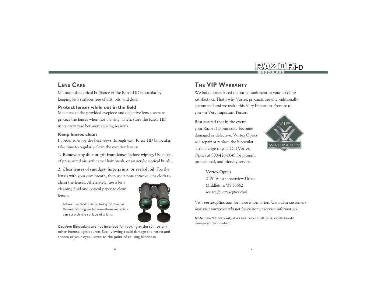 Vip w | Vortex Optics RAZOR HD 12X50 ROOF PRISM BINOCULAR User Manual | Page 4 / 5