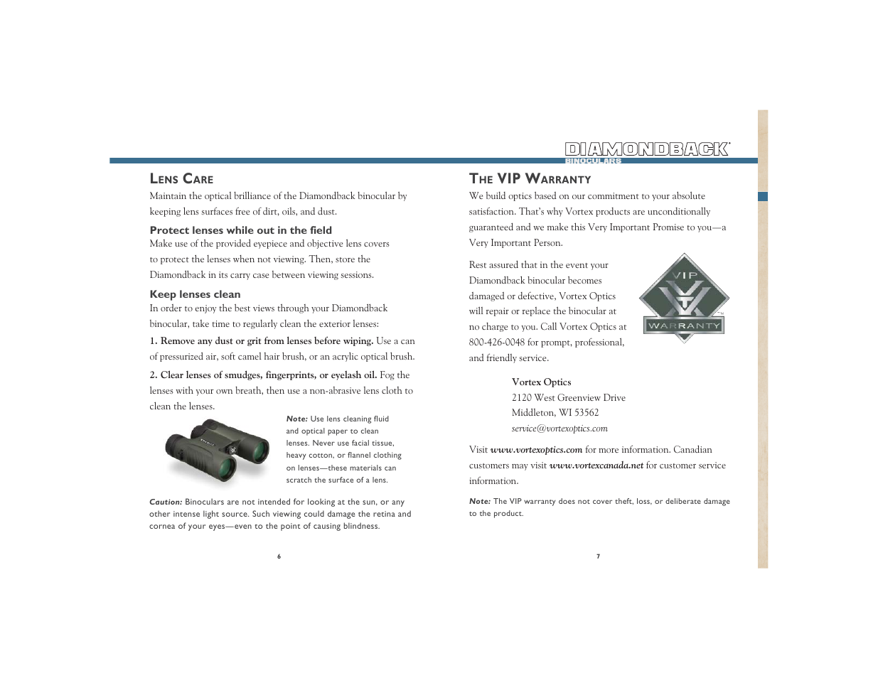 Vip w | Vortex Optics DIAMONDBACK 10X28 ROOF PRISM BINOCULAR User Manual | Page 4 / 5