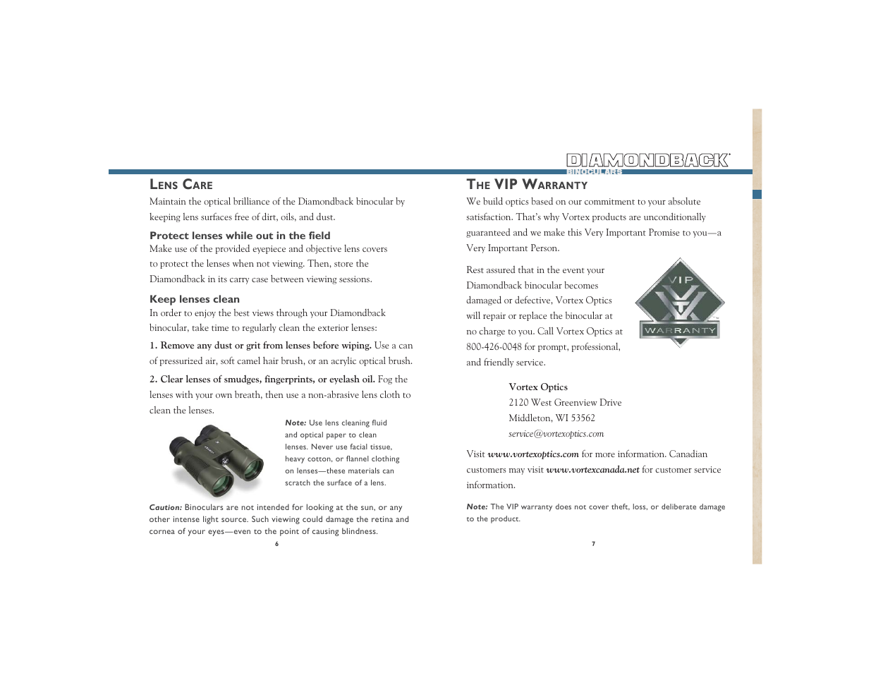 Vip w | Vortex Optics DIAMONDBACK 7X36 BINOCULAR User Manual | Page 4 / 5