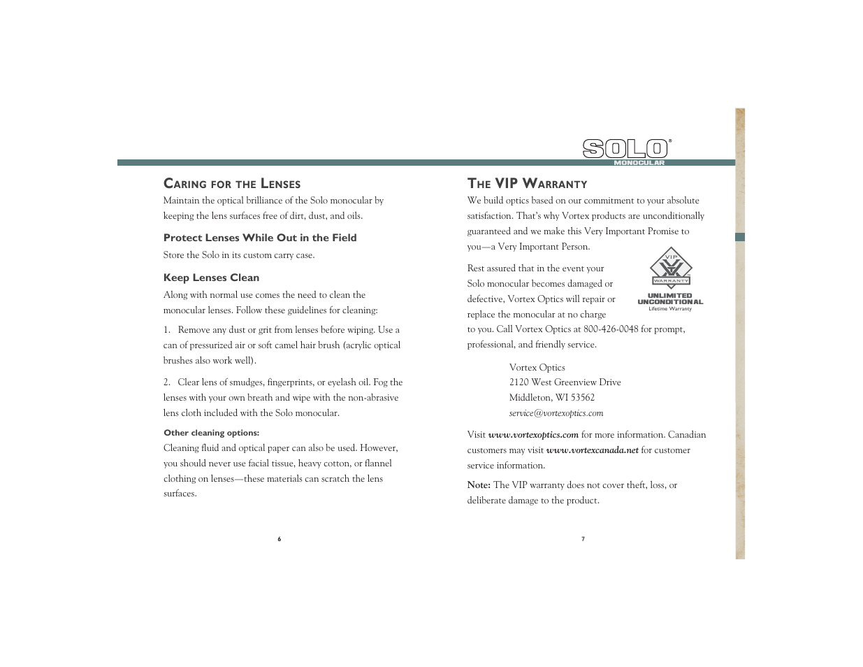 Solo solo, Vip w | Vortex Optics SOLO 10X36 MONOCULAR User Manual | Page 4 / 5