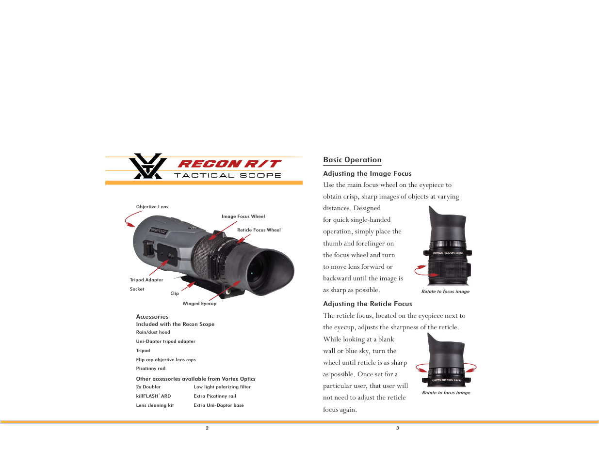 Basic operation | Vortex Optics RECON R/T 15X50 - WITH VMS MONOCULAR User Manual | Page 2 / 8