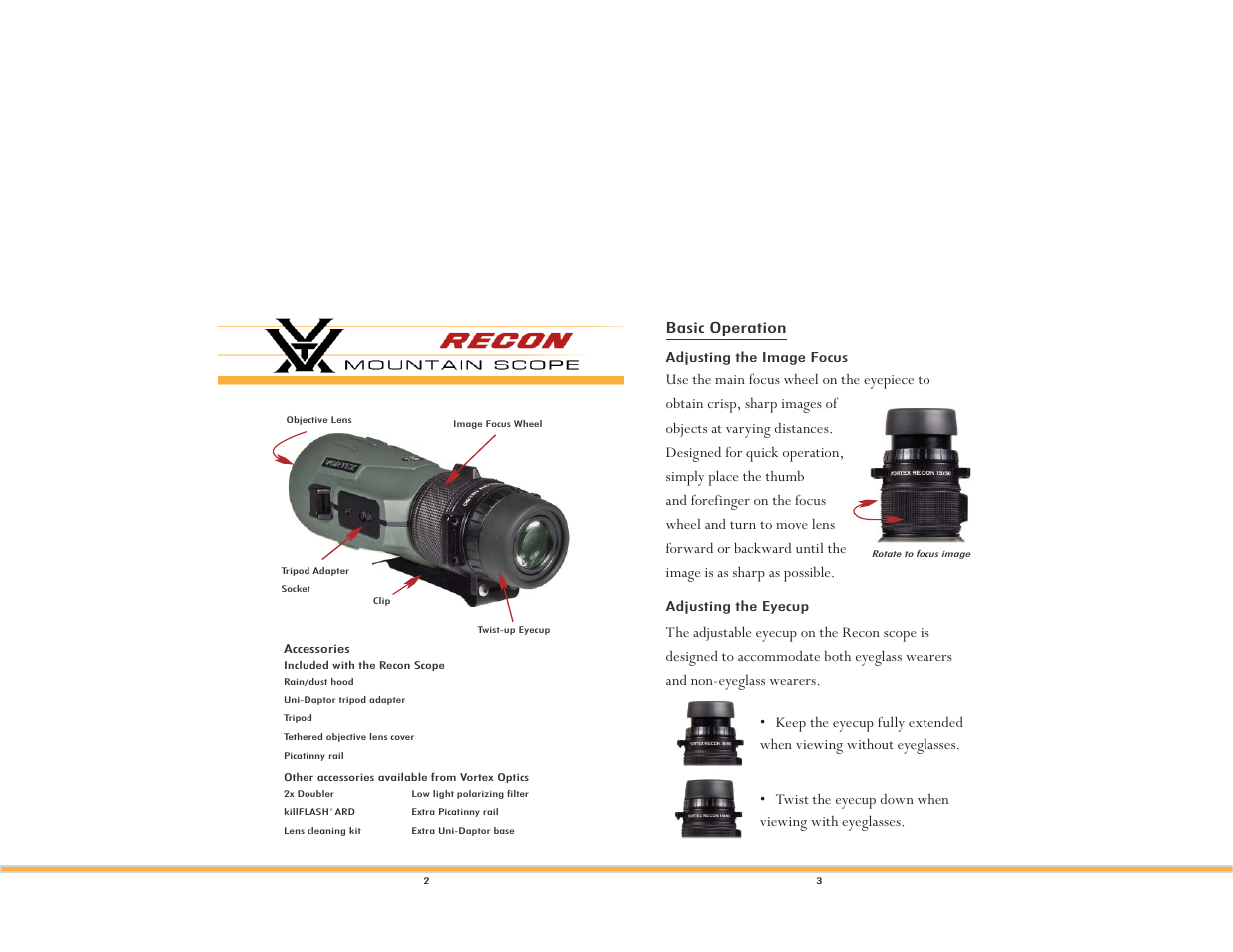 Basic operation | Vortex Optics RECON MOUNTAIN 15X50 User Manual | Page 2 / 5