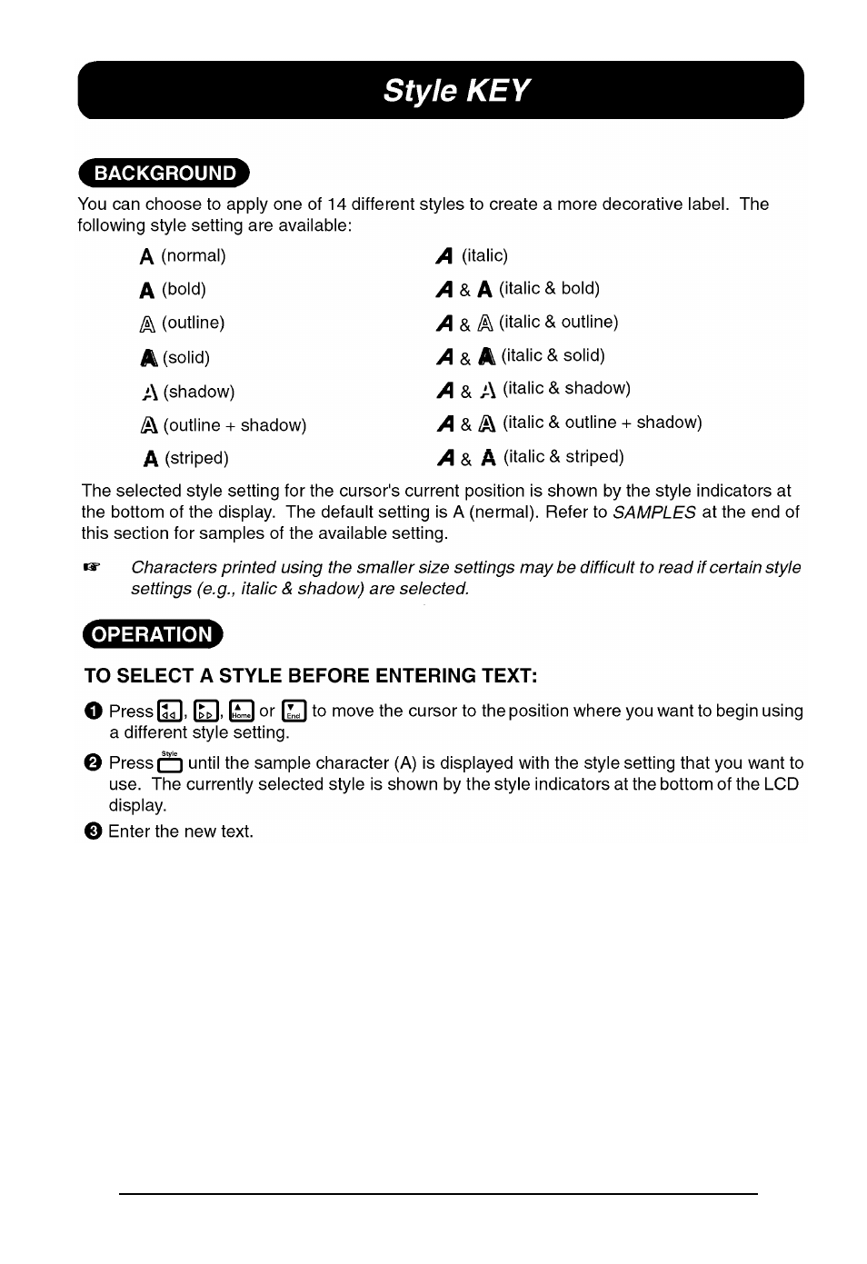 Style key | Brother P-TOUCH 530 User Manual | Page 108 / 210