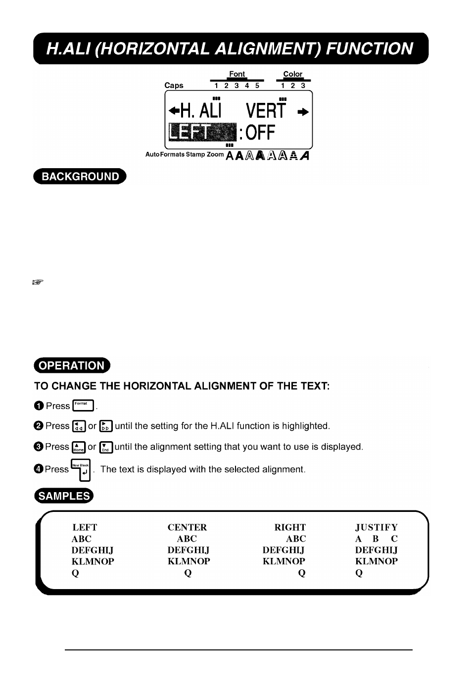 Horizontal alignment function, H.ali (horizontal alignment) function | Brother P-TOUCH 530 User Manual | Page 122 / 210