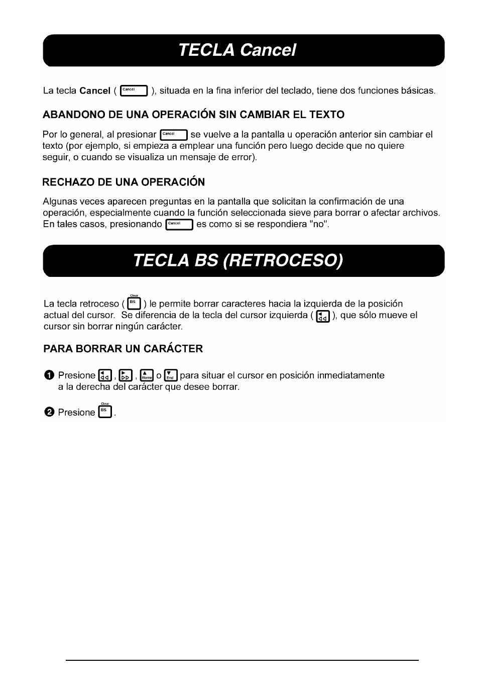 Tecla cancel, Tecla bs | Brother P-TOUCH 530 User Manual | Page 174 / 210