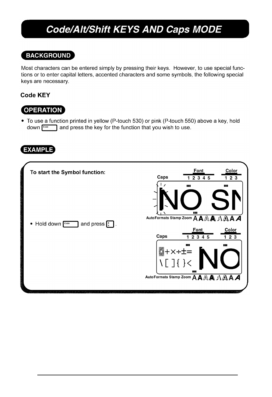 Code/alt/shift keys and caps mode | Brother P-TOUCH 530 User Manual | Page 63 / 210