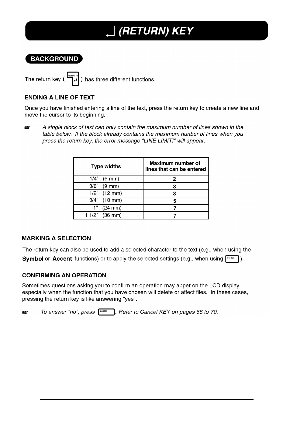 Return key | Brother P-TOUCH 530 User Manual | Page 67 / 210