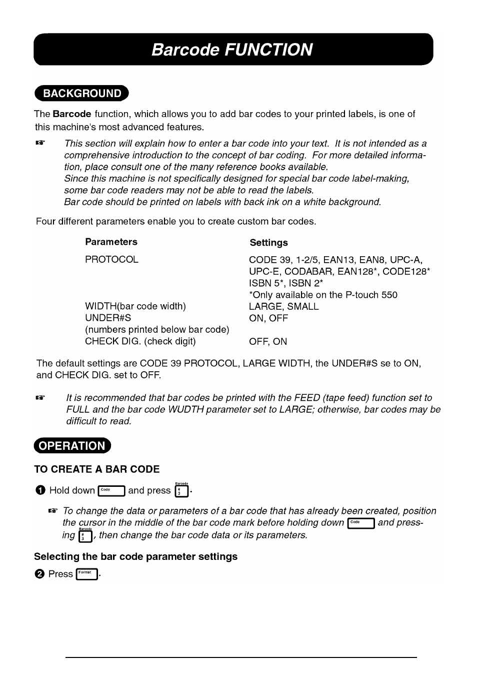 Barcode function | Brother P-TOUCH 530 User Manual | Page 84 / 210