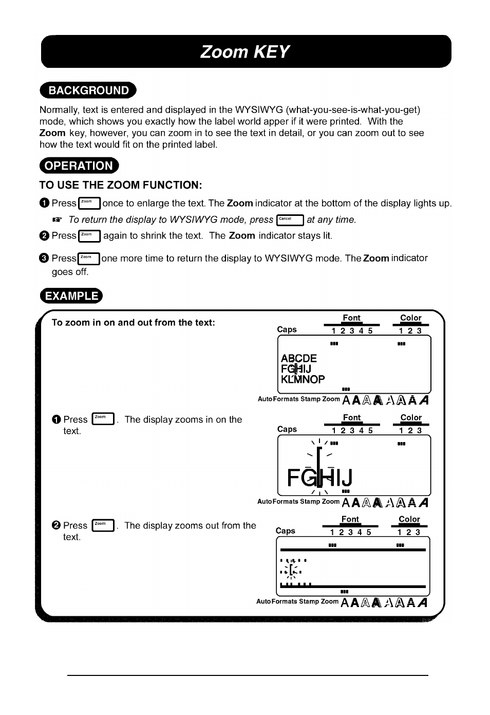 Zoom key | Brother P-TOUCH 530 User Manual | Page 89 / 210