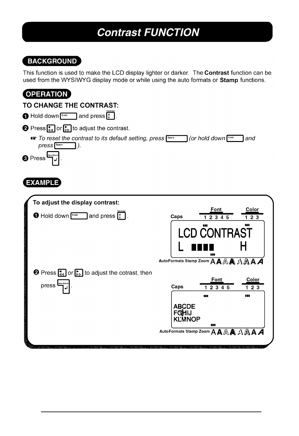 Contrast function, Contrast key | Brother P-TOUCH 530 User Manual | Page 90 / 210