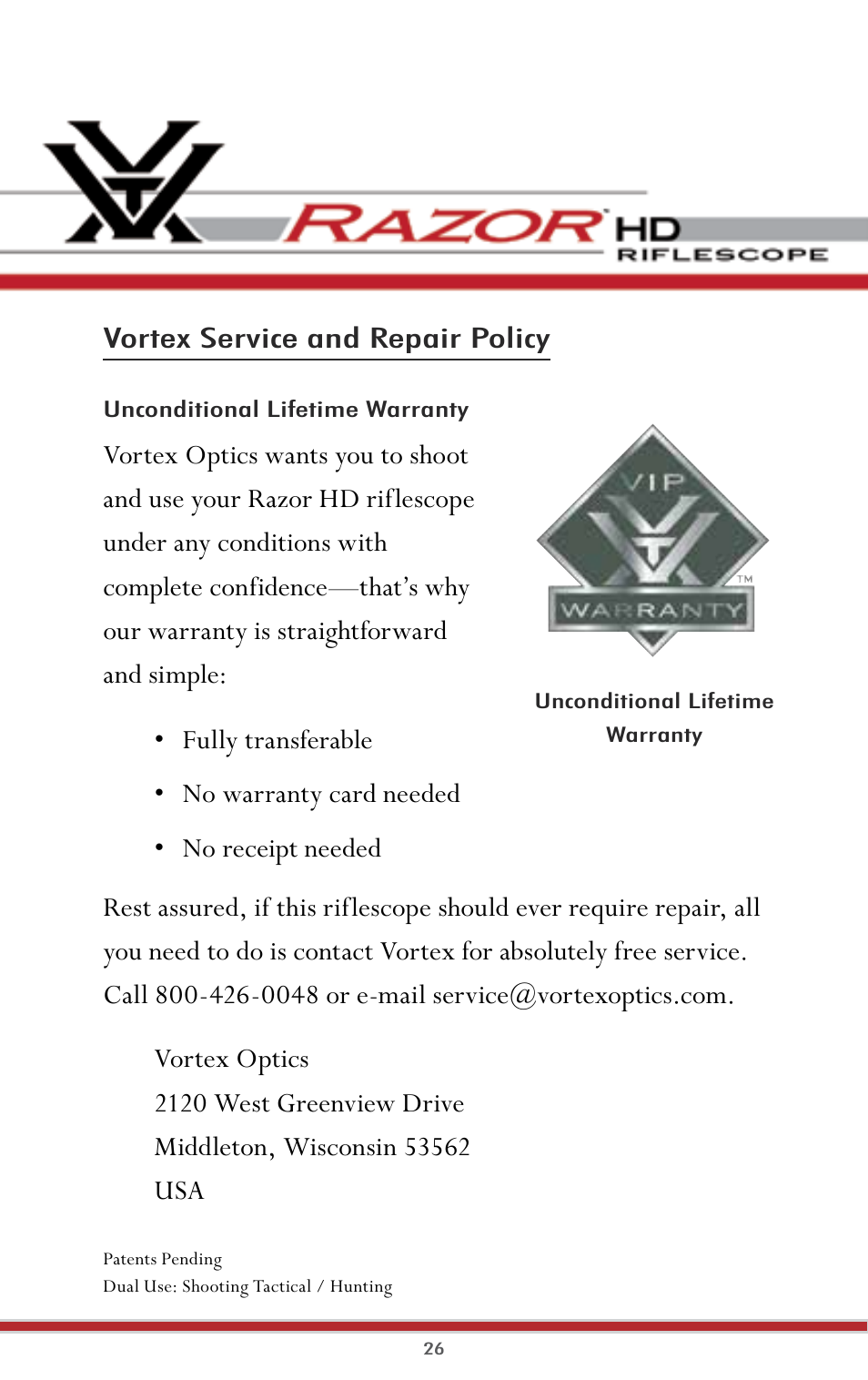 Vortex service and repair policy | Vortex Optics RAZOR HD 1-4X24 (MOA) - EBR-556 MOA User Manual | Page 28 / 30