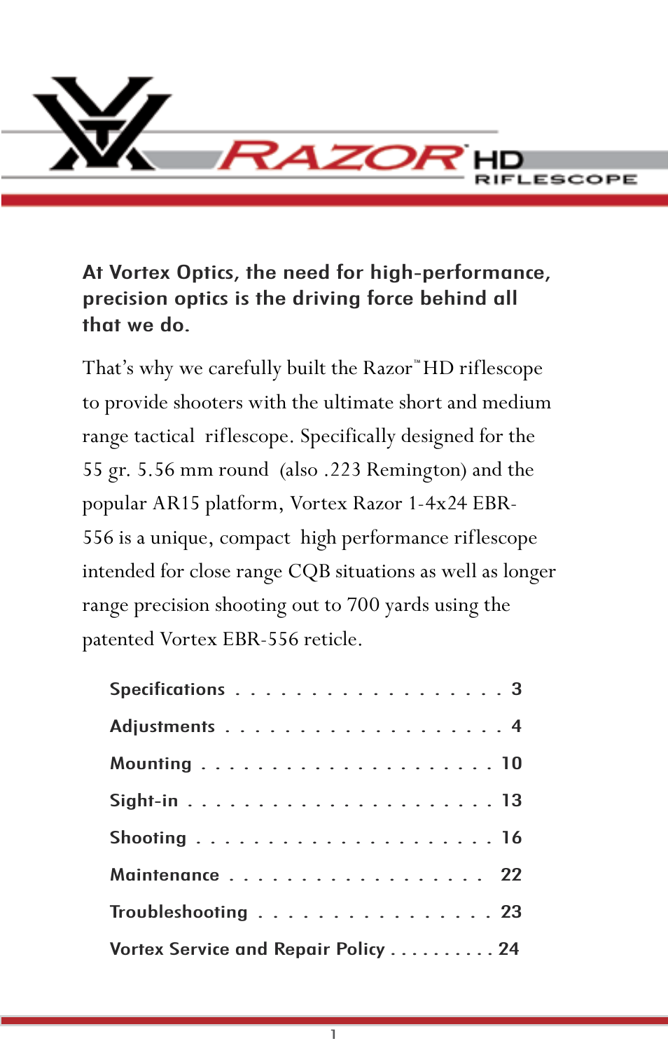 Vortex Optics RAZOR HD 1-4X24 (MOA) - EBR-556 MOA User Manual | Page 3 / 30