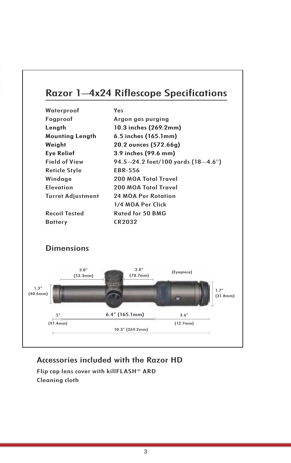Razor 1–4x24 riflescope specifications, Accessories included with the razor hd, Dimensions | Vortex Optics RAZOR HD 1-4X24 (MOA) - EBR-556 MOA User Manual | Page 5 / 30