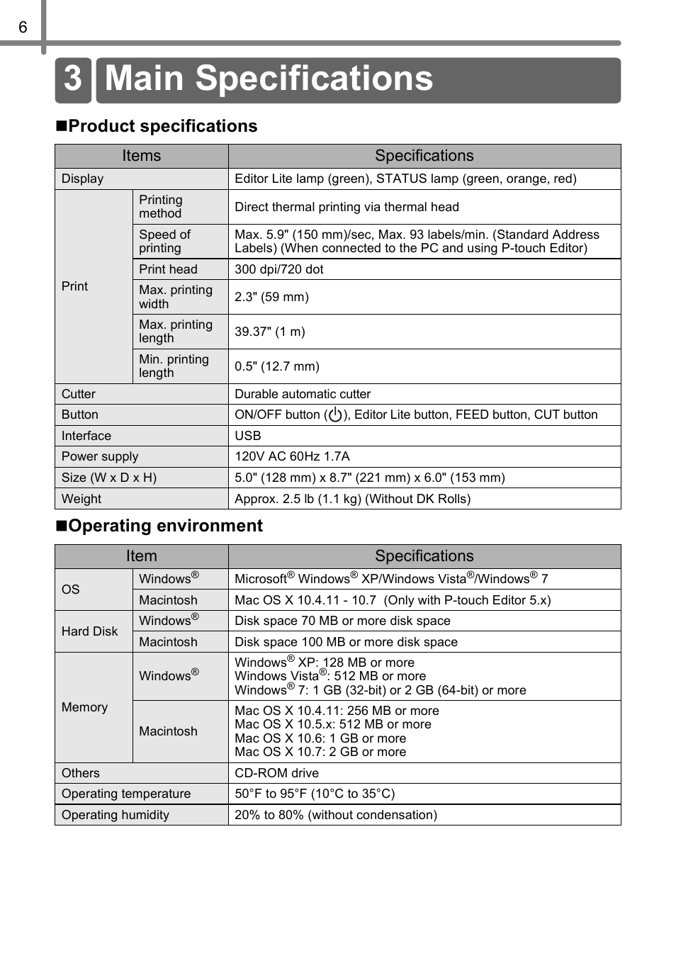 Main specifications, 3 main specifications, Product specifications  operating environment | Items specifications, Item specifications | Brother Label Printer QL-700 User Manual | Page 8 / 8