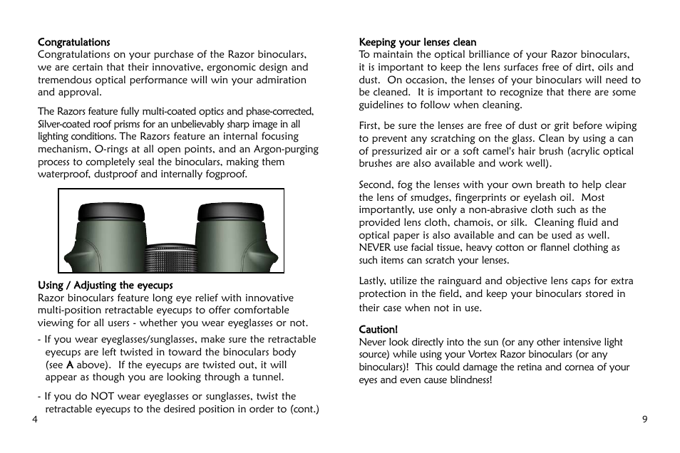Vortex Optics RAZOR 8X42 BINOCULAR User Manual | Page 3 / 10
