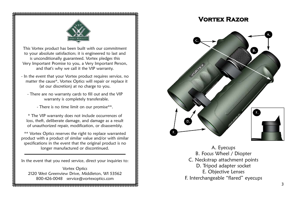 Vvo or rt te ex x r ra az zo or r | Vortex Optics RAZOR 8X42 BINOCULAR User Manual | Page 9 / 10