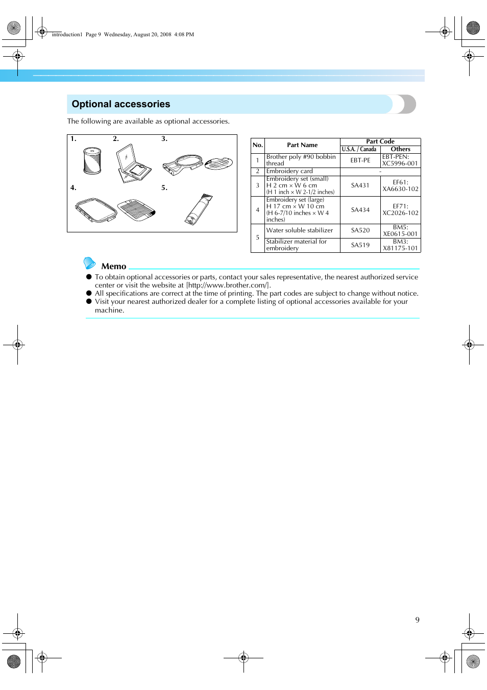 Optional accessories | Brother XE5427-001 User Manual | Page 11 / 92