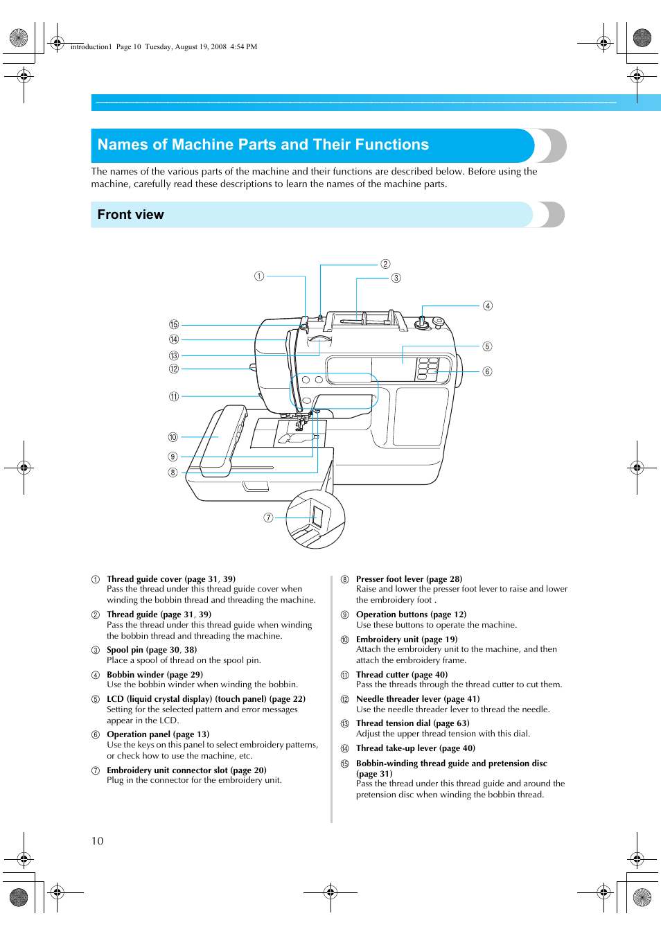 Names of machine parts and their functions, Front view | Brother XE5427-001 User Manual | Page 12 / 92