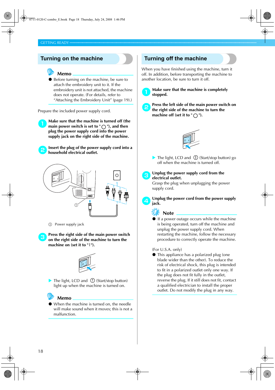 Turning on the machine, Turning off the machine | Brother XE5427-001 User Manual | Page 20 / 92