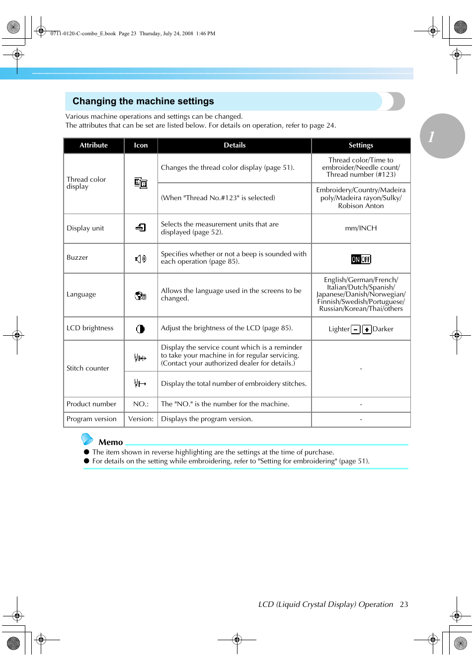 Changing the machine settings | Brother XE5427-001 User Manual | Page 25 / 92