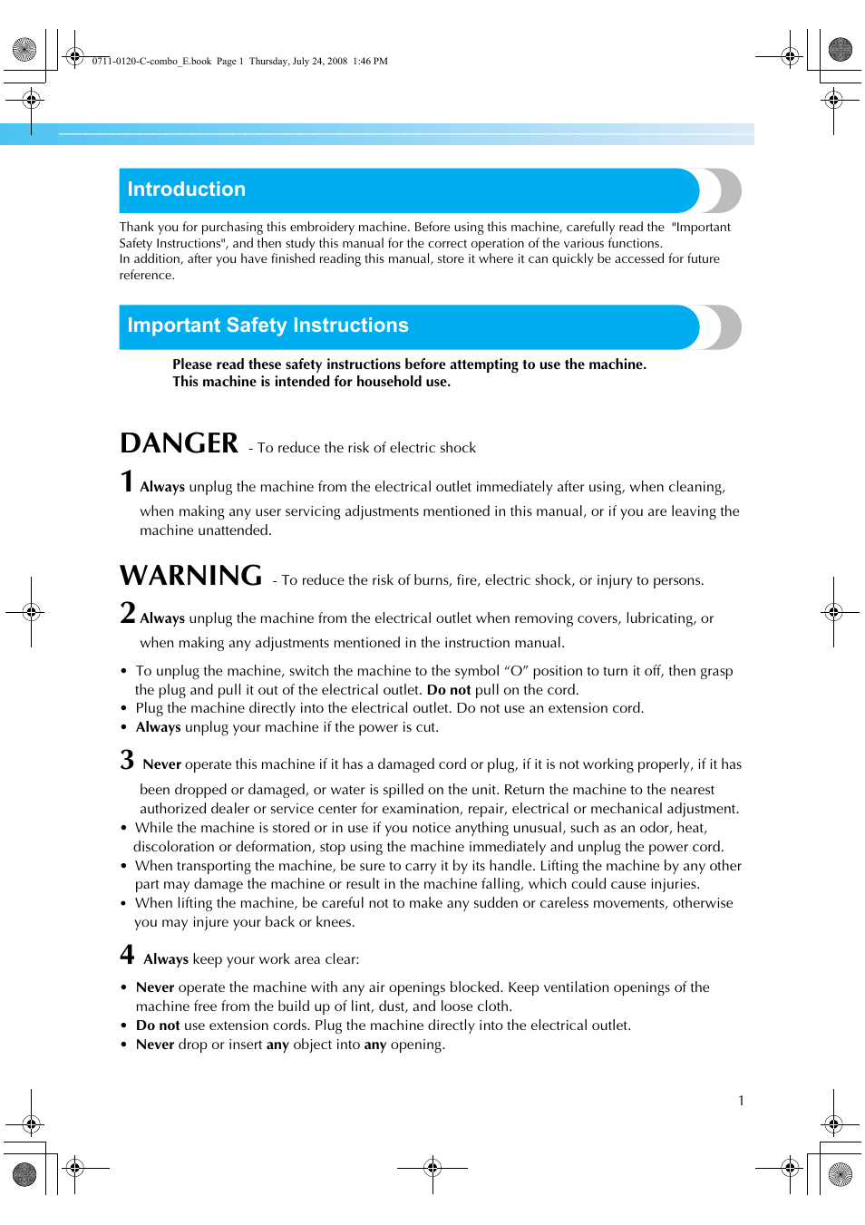 Danger, Warning, Introduction | Important safety instructions | Brother XE5427-001 User Manual | Page 3 / 92