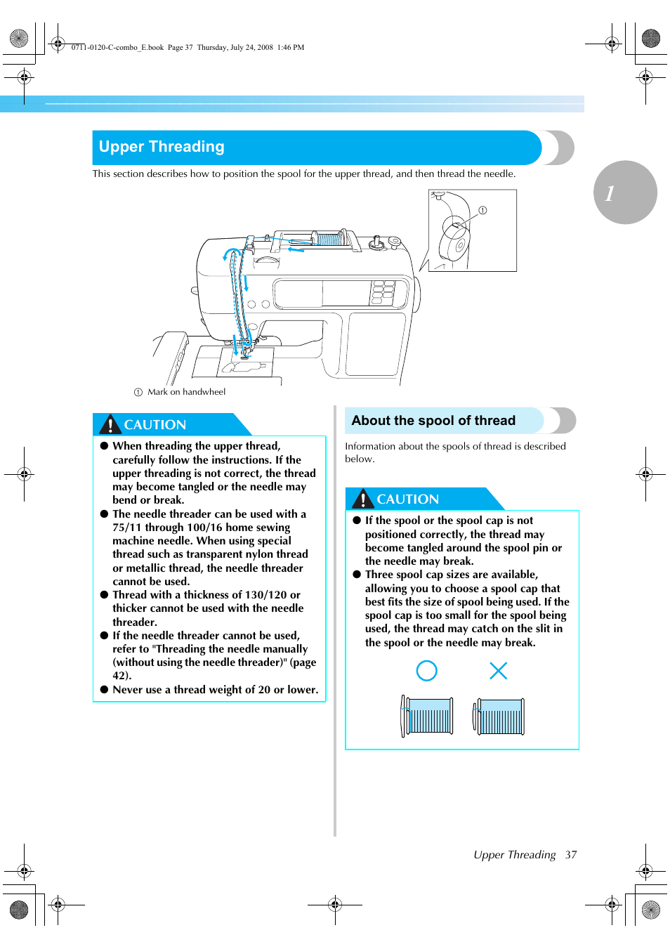 Upper threading, Caution about the spool of thread, Caution | Brother XE5427-001 User Manual | Page 39 / 92