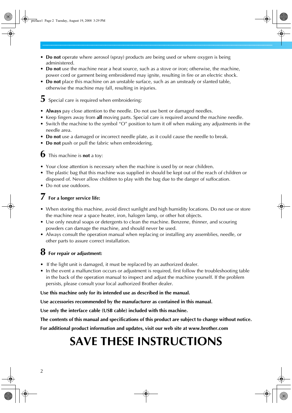 Save these instructions | Brother XE5427-001 User Manual | Page 4 / 92