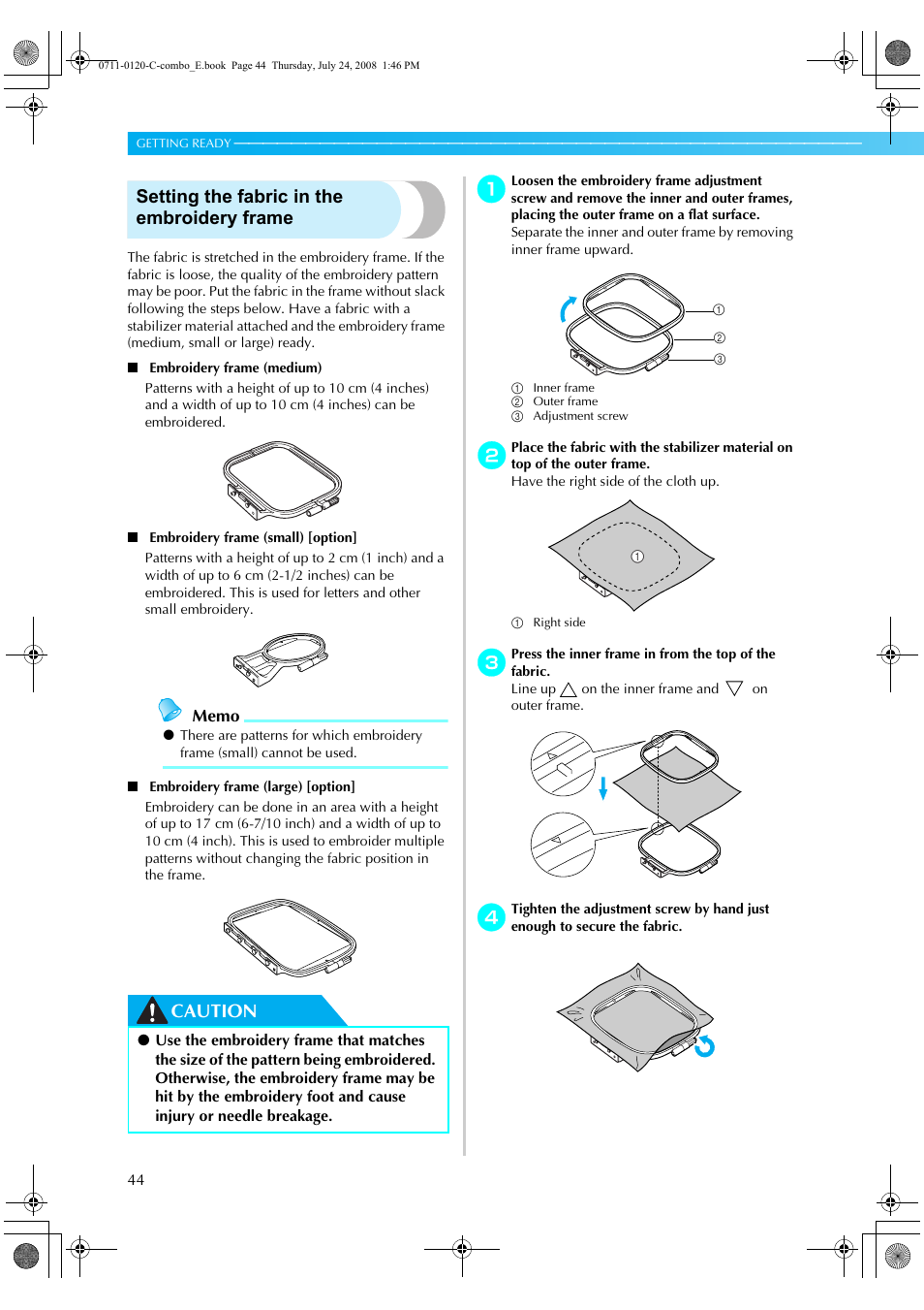 Setting the fabric in the embroidery frame, Caution | Brother XE5427-001 User Manual | Page 46 / 92