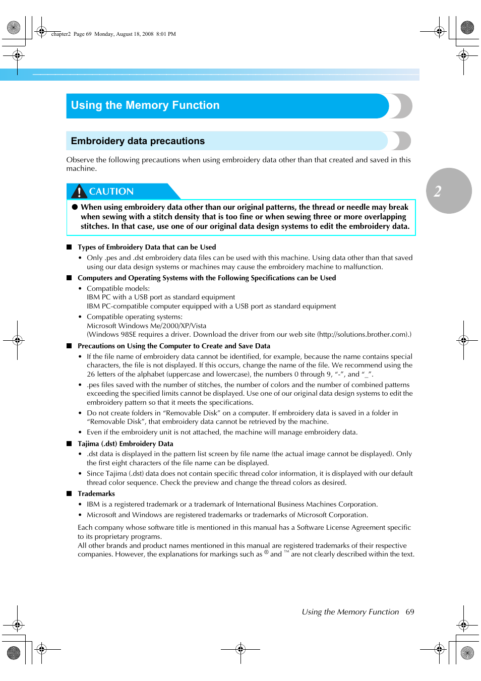 Embroidery data precautions, Caution | Brother XE5427-001 User Manual | Page 71 / 92