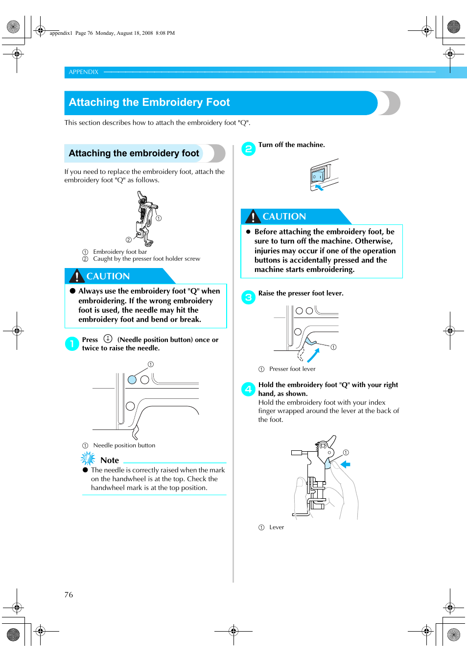 Attaching the embroidery foot, Caution | Brother XE5427-001 User Manual | Page 78 / 92